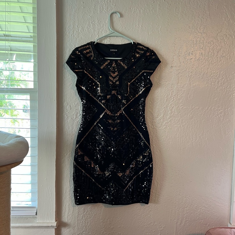 Express Black & Gold Sequin Mini Dress